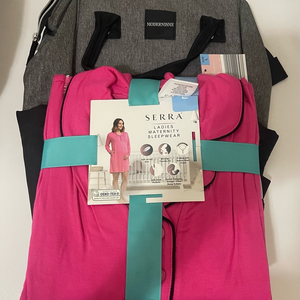 Modernism backpack diaper bag and pink Serra maternity sleep wear (Large)